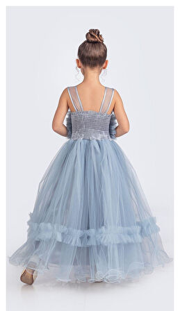 Uzun Etekli , Askılı Kız Cocuk Gül Motif Abiye Elbise M00670