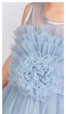 Uzun Etekli , Askılı Kız Cocuk Gül Motif Abiye Elbise M00670