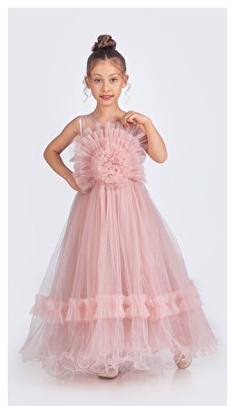 Uzun Etekli , Askılı Kız Cocuk Gül Motif Abiye Elbise M00670