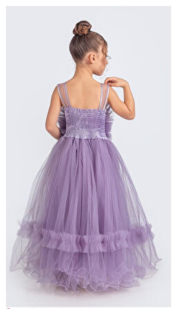 Uzun Etekli , Askılı Kız Cocuk Gül Motif Abiye Elbise M00670