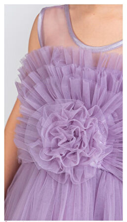 Uzun Etekli , Askılı Kız Cocuk Gül Motif Abiye Elbise M00670