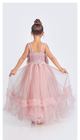 Uzun Etekli , Askılı Kız Cocuk Gül Motif Abiye Elbise M00670