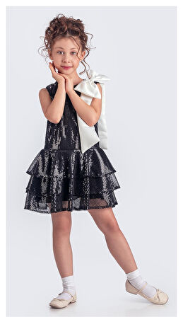 Yaka Fiyonk Pul Payet Kumaşlı Kız Çocuk Abiye Elbise M00702