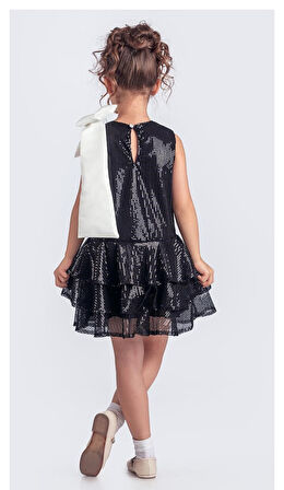 Yaka Fiyonk Pul Payet Kumaşlı Kız Çocuk Abiye Elbise M00702