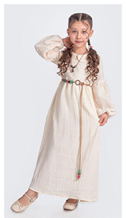 Müslin Kumaş Kız Çocuk Uzun Kol Tesettür Elbise M00705