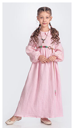 Müslin Kumaş Kız Çocuk Uzun Kol Tesettür Elbise M00705