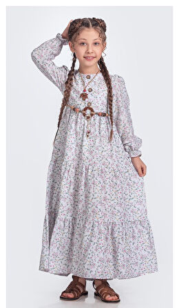 Müslin Kumaş Kız Çocuk Uzun Kol Tesettür Elbise M00705