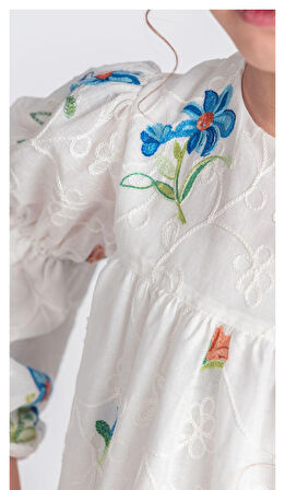 Otantik Akdeniz Çiçek NakışKız Çocuk Müslin Elbise M00706