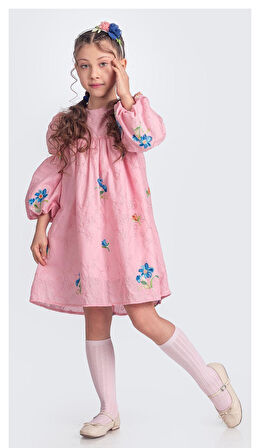 Otantik Akdeniz Çiçek NakışKız Çocuk Müslin Elbise M00706