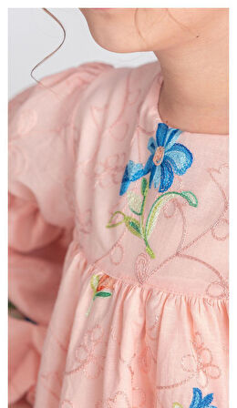 Otantik Akdeniz Çiçek NakışKız Çocuk Müslin Elbise M00706