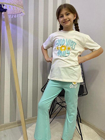 Kız Çocuk Uzun İspanyol Pantolon Kısa Kol Badi Takım M00712