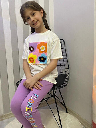 Kız Çocuk 3D Çiçek Motifli Yazlık Taytlı Badi Takım M00713