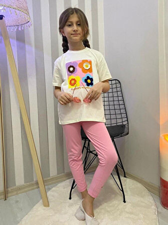 Kız Çocuk 3D Çiçek Motifli Yazlık Taytlı Badi Takım M00713