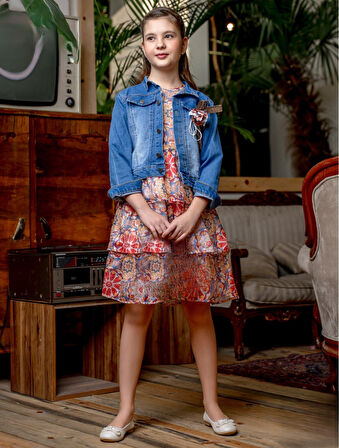 Kız Çocuk Baskılı Dantel Elbise Ceket Takımı M00718