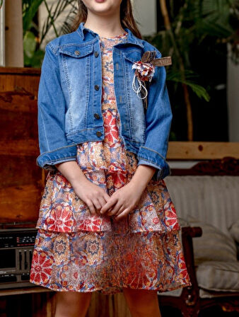 Kız Çocuk Baskılı Dantel Elbise Ceket Takımı M00718