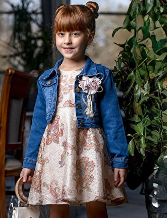 Çiçek Motif Kot Ceketli Kız Elbise M00721