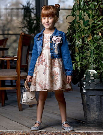 Çiçek Motif Kot Ceketli Kız Elbise M00721