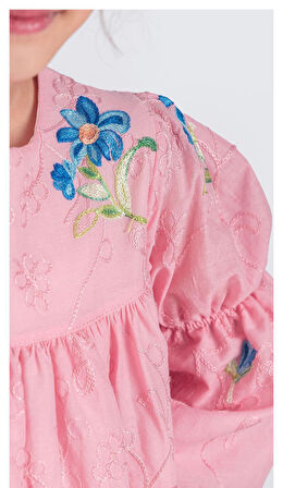 Otantik Akdeniz Çiçek NakışKız Çocuk Müslin Elbise M00706