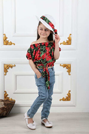 Miss Kovalo Kız Çocuk Şapkalı Yazlık Likralı Kot Pantolon Takım M00731