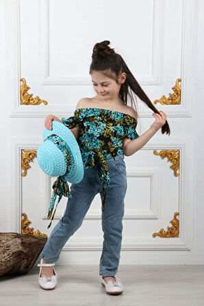 Miss Kovalo Kız Çocuk Şapkalı Yazlık Likralı Kot Pantolon Takım M00731
