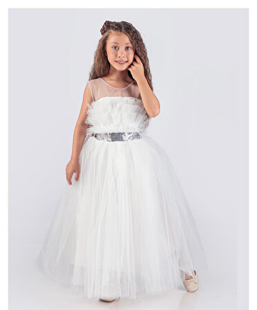 Sapes Model Sırt Gipeli Tüllü Kız Çocuk Askılı Saten Abiye MNK0618