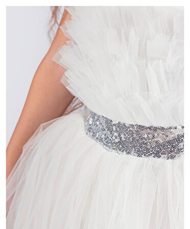 Sapes Model Sırt Gipeli Tüllü Kız Çocuk Askılı Saten Abiye MNK0618