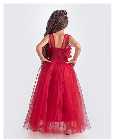 Sapes Model Sırt Gipeli Tüllü Kız Çocuk Askılı Saten Abiye MNK0618