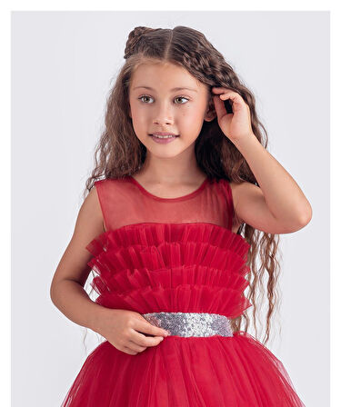 Sapes Model Sırt Gipeli Tüllü Kız Çocuk Askılı Saten Abiye MNK0618