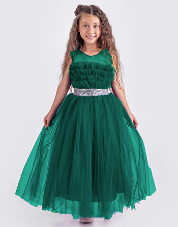 Sapes Model Sırt Gipeli Tüllü Kız Çocuk Askılı Saten Abiye MNK0618