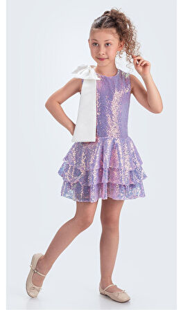 Yaka Fiyonk Pul Payet Kumaşlı Kız Çocuk Abiye Elbise M00702