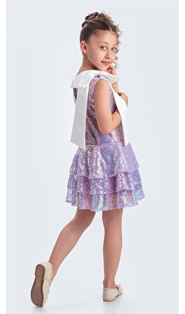 Yaka Fiyonk Pul Payet Kumaşlı Kız Çocuk Abiye Elbise M00702