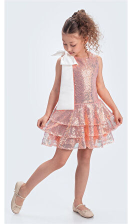 Yaka Fiyonk Pul Payet Kumaşlı Kız Çocuk Abiye Elbise M00702