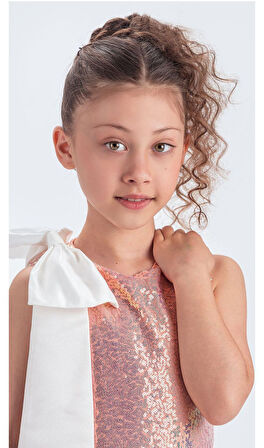 Yaka Fiyonk Pul Payet Kumaşlı Kız Çocuk Abiye Elbise M00702