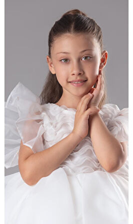 Maronia Kız Çocuk Prenses Model Abiye Elbise -Beyaz M00746