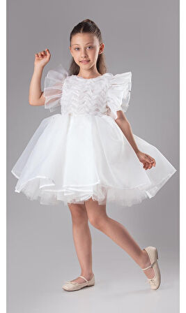 Maronia Kız Çocuk Prenses Model Abiye Elbise -Beyaz M00746