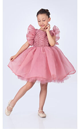 Maronia Kız Çocuk Prenses Model Abiye Elbise - Koyu Pembe M00746