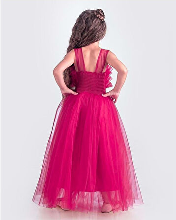 Sapes Model Sırt Gipeli Tüllü Kız Çocuk Askılı Saten Abiye MNK0618