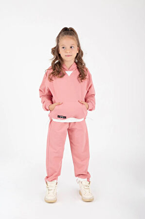 Kız Çocuk Kanguru Cepli Beli Lastik Detaylı Günlük Eşofman Takımı M00754