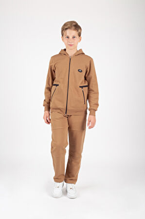 Erkek Çocuk Fermuar Kapamalı Kapüşonlu Arma Detaylı Eşofman Takımı M00757
