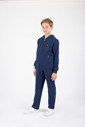 Erkek Çocuk Fermuar Kapamalı Kapüşonlu Arma Detaylı Eşofman Takımı M00757