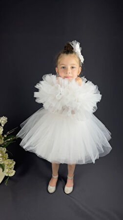 Şifon Robalı Ponpon Kol Pul Payetli Kız Çocuk Kabarık Etek Tütülü Abiye