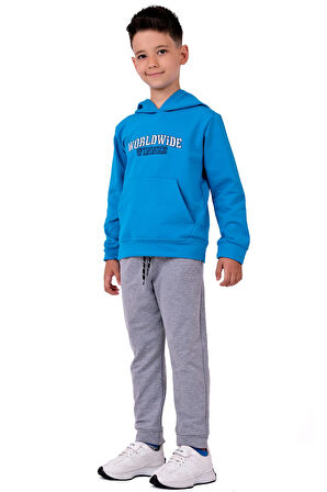 Erkek Çocuk Worldwide Winner Nakışlı Kanguru Cepli Kapüşonlu Eşofman Takımı