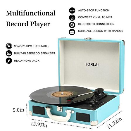 Jorlaı T316 Retro Çanta Pikap - Pc Mp3 Kayıt - Rca - 33 45 78 Devir  Turkuaz