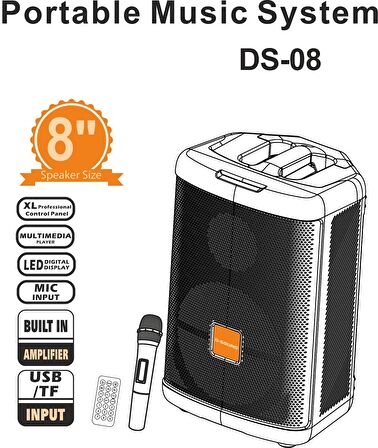 Ds-08 Telsizli 8" Ses Sistemi Kablosuz Mikrofon Taşınabilir Şarjlı Hoparlör