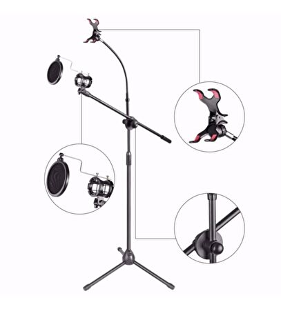 4b Mikrofon Sehpası +telefon Tutacağı+pop Filter+shockmount