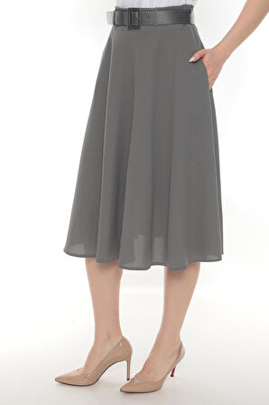 SORALLİNE KADIN ETAMİN DESEN BAHARLIK ASTARLI 70 CM BOYUNDA KLOŞ ETEK 780 GRİ