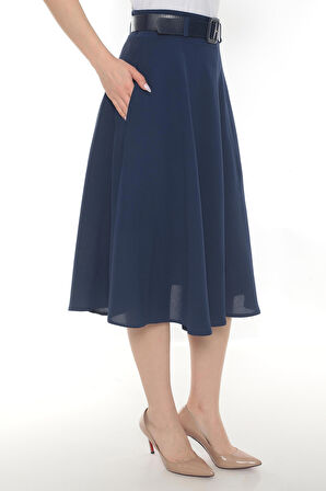 SORALLİNE KADIN ETAMİN DESEN BAHARLIK ASTARLI 70 CM BOYUNDA KLOŞ ETEK 780 İNDİGO