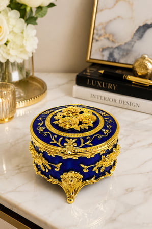 Yuvarlak Renkli Gold İşlemeli Mücevher Kutusu
