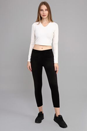 Spiyoz Siyah Yüksek Bel Full Likralı Toparlayıcı Fitilli Kışlık Kalın Kadife Tayt