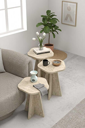 Reyo Falez Zigon Sehpa Dekoratif 3'lü Çok Amaçlı Yan Sehpa Çiçek Formlu Traverten